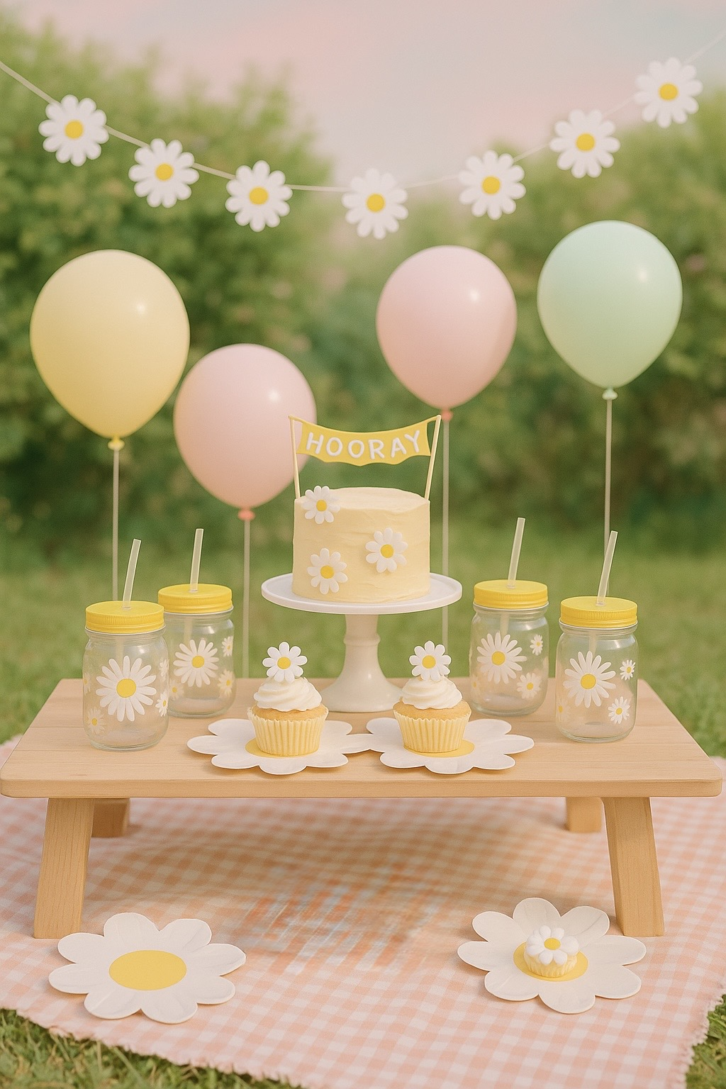 Pastel daisy themed party picnic scene with balloons