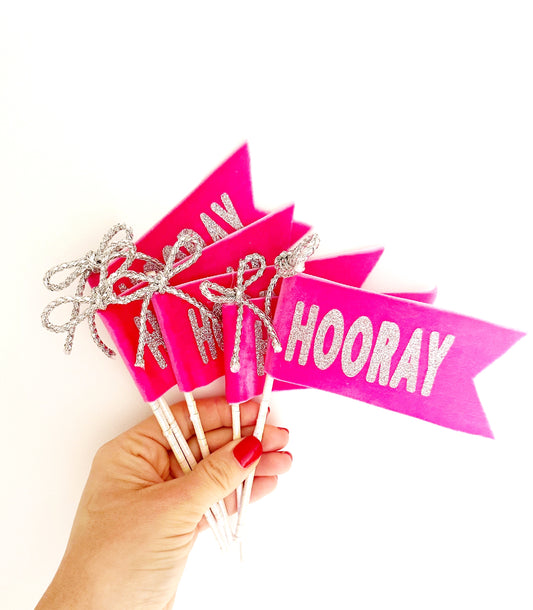 Hooray hot pink silver glitter cake flags