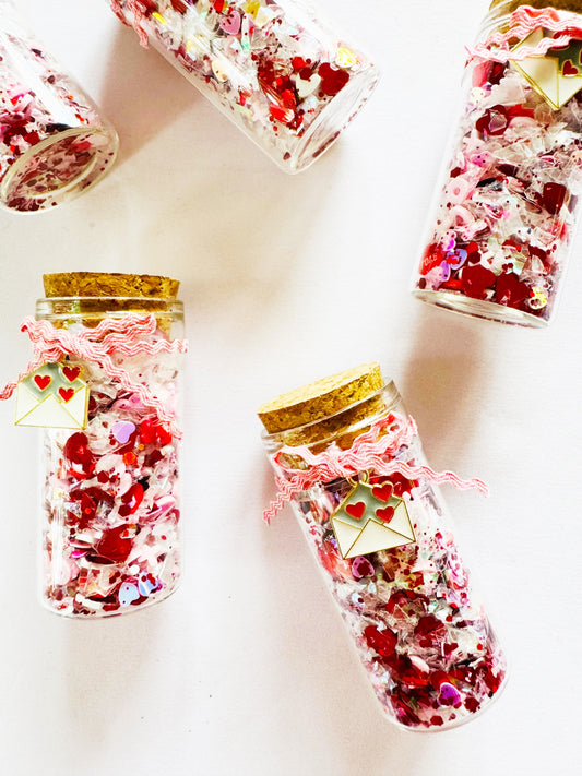 Love letter Valentine’s Day confetti mini jars