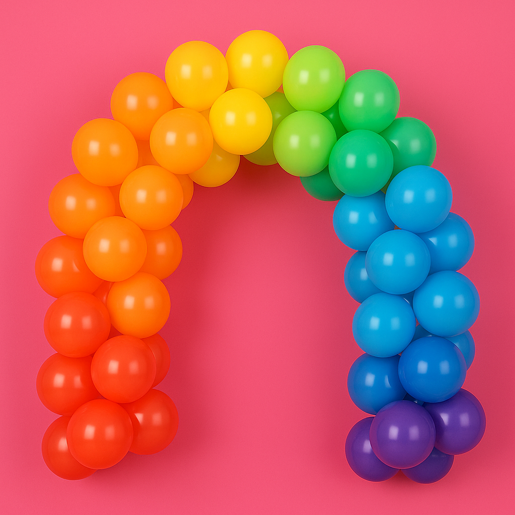 Colorful balloon arch with orange, yellow, green, blue, and purple balloons on a pink background