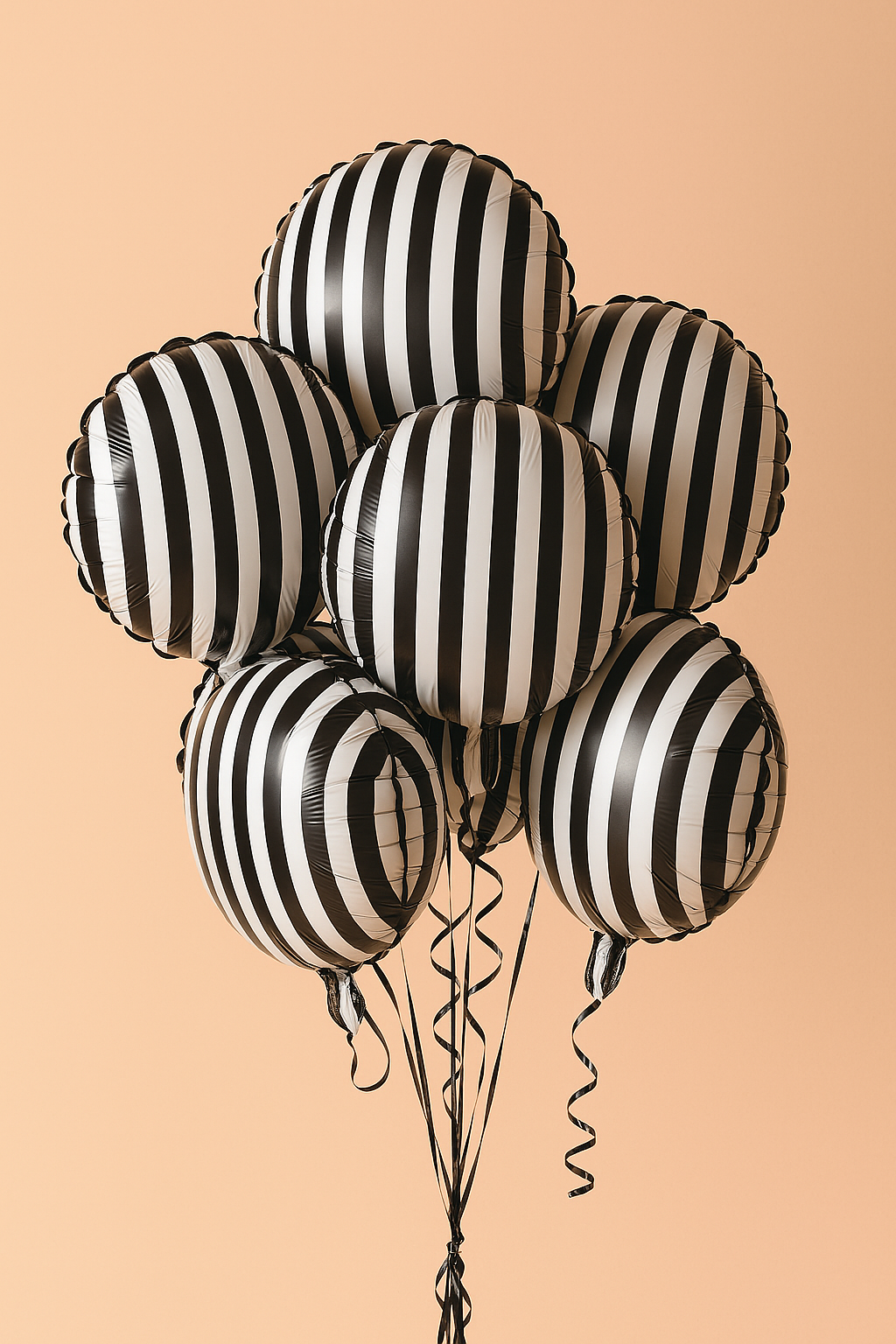 Black and white striped balloons on a beige background