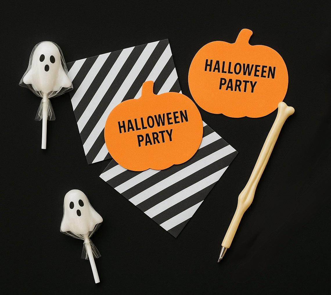 Halloween-themed party decorations including ghost lollipops, striped paper, and pumpkin-shaped signs on a black background.