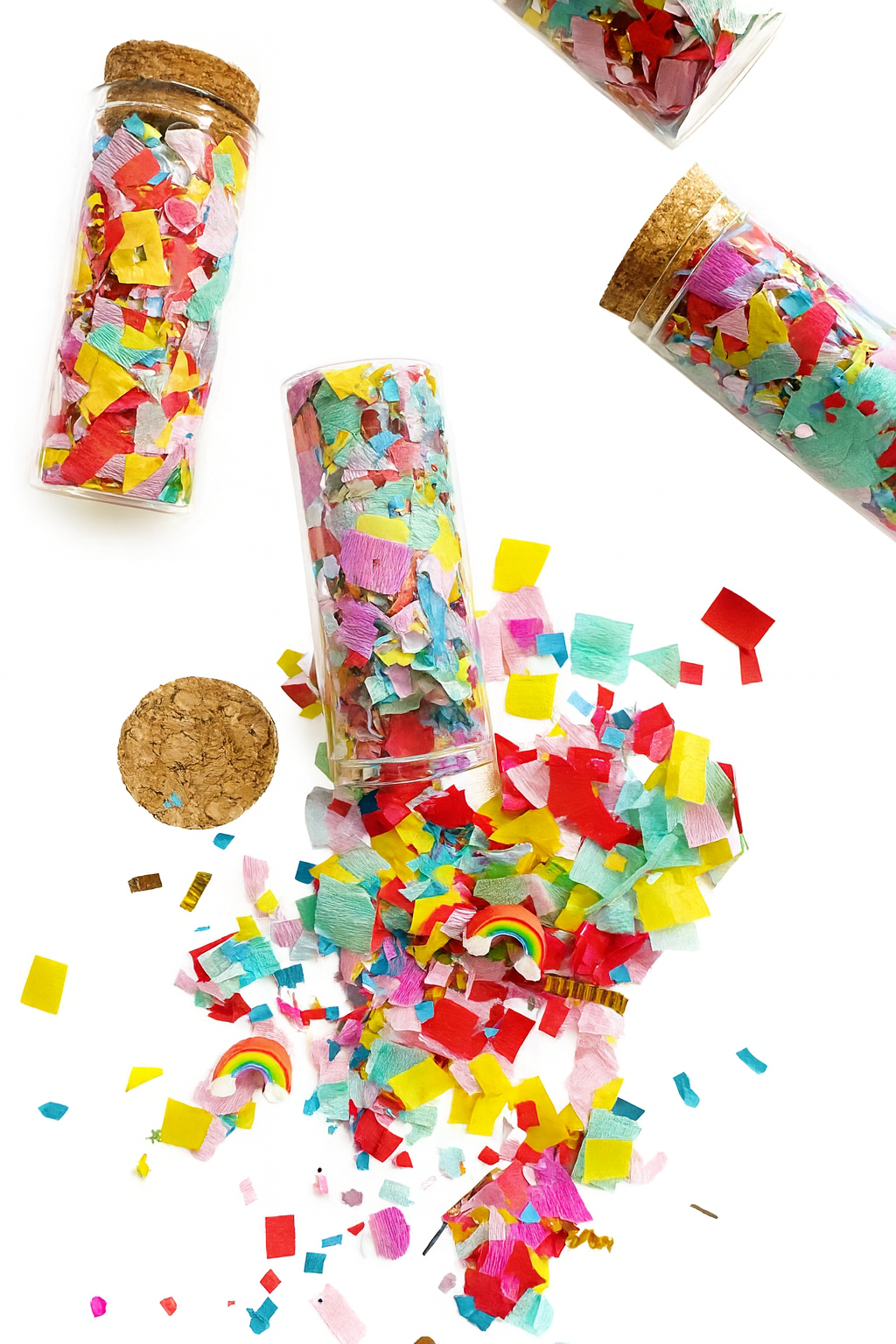 Colorful confetti in a transparent tube with a cork lid on a white background
