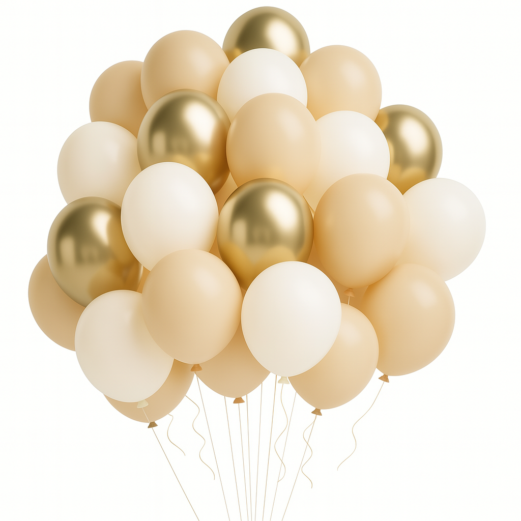 Bunch of gold, white, and beige balloons on a white background
