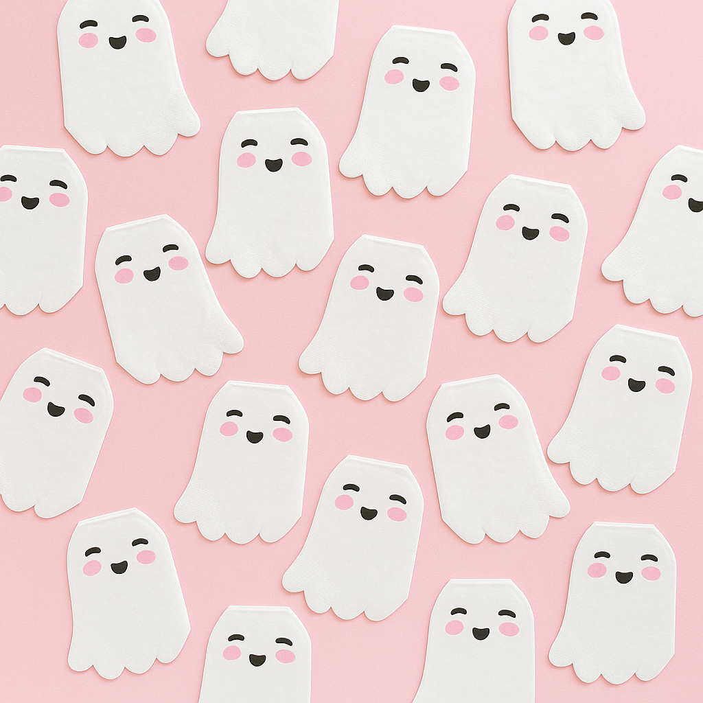 Pattern of cute white ghosts napkins with pink cheeks on a pink background