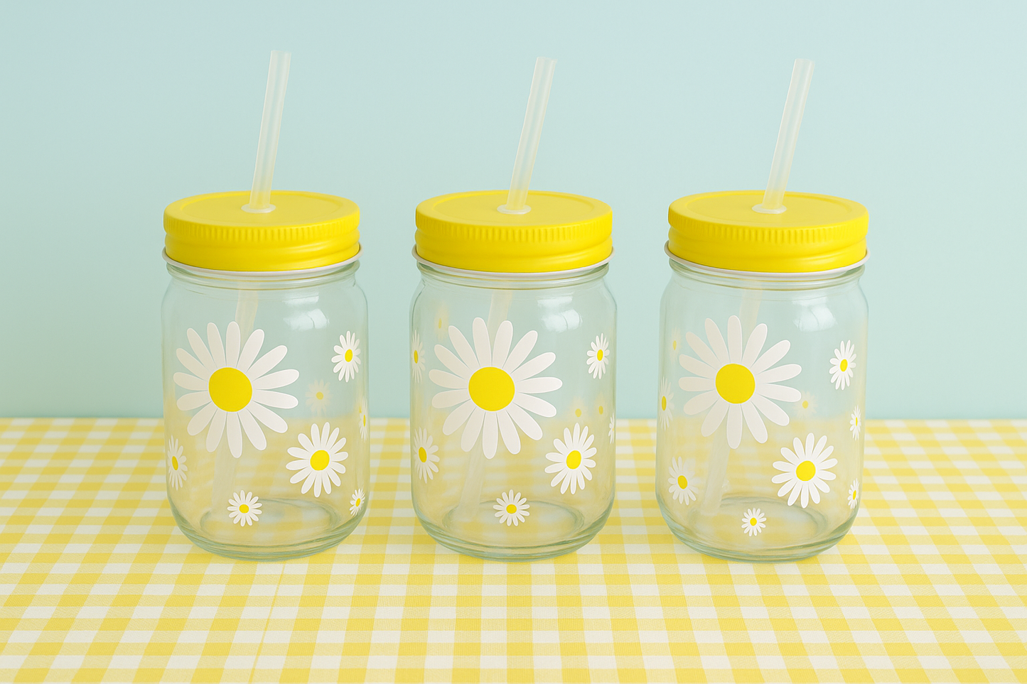 Daisy motif glass drinking jar with yellow screw on lid and plastic drinking straw
