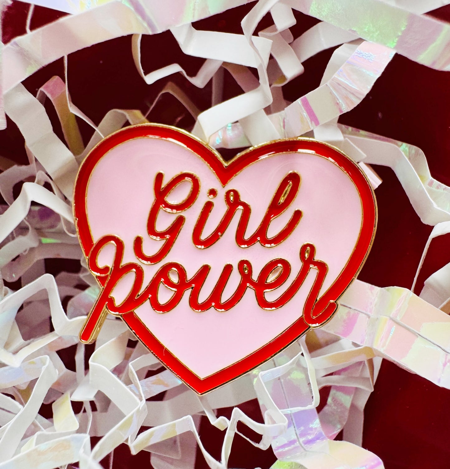 Pink red girl power enamel heart pin badge