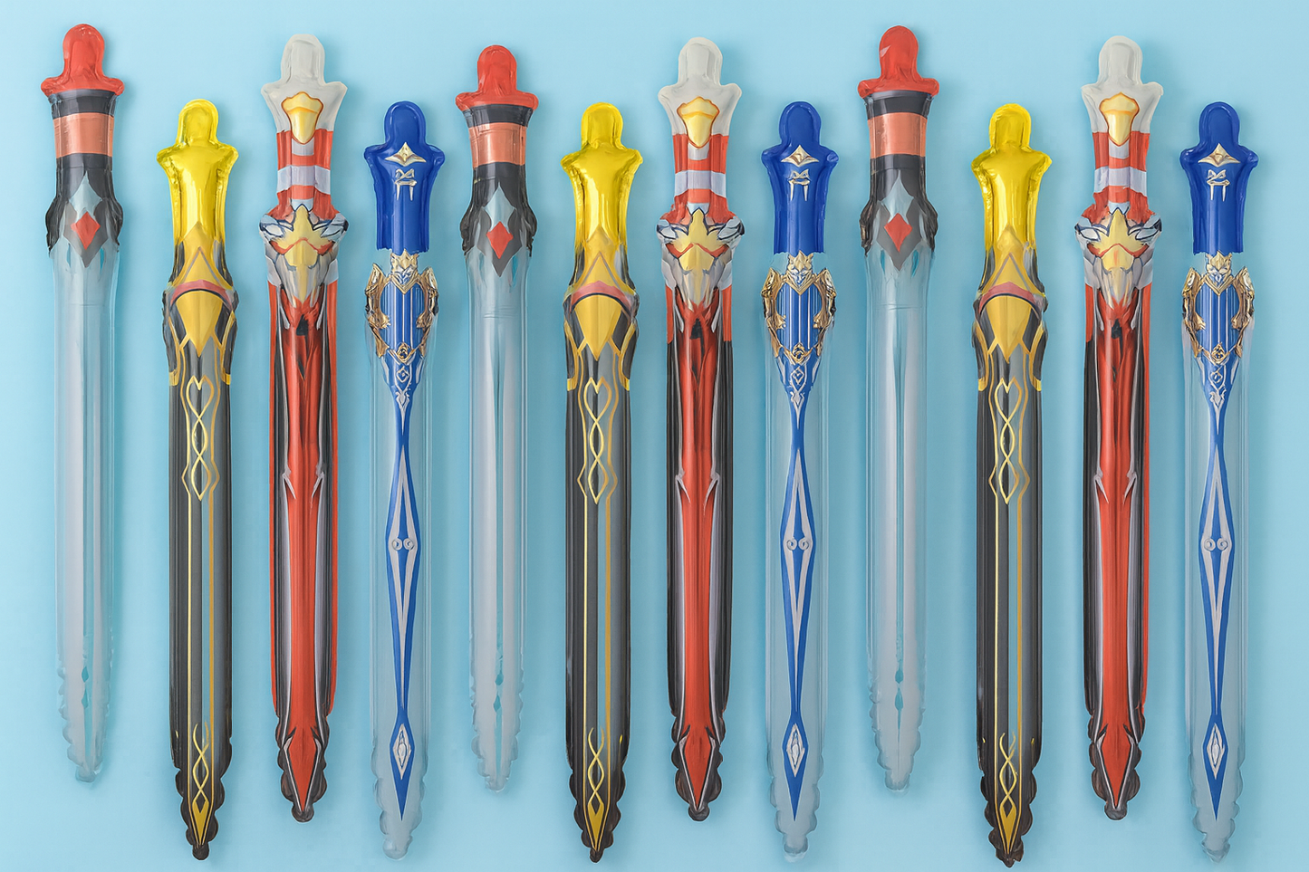 Set of decorative sword balloons with various designs on a blue background