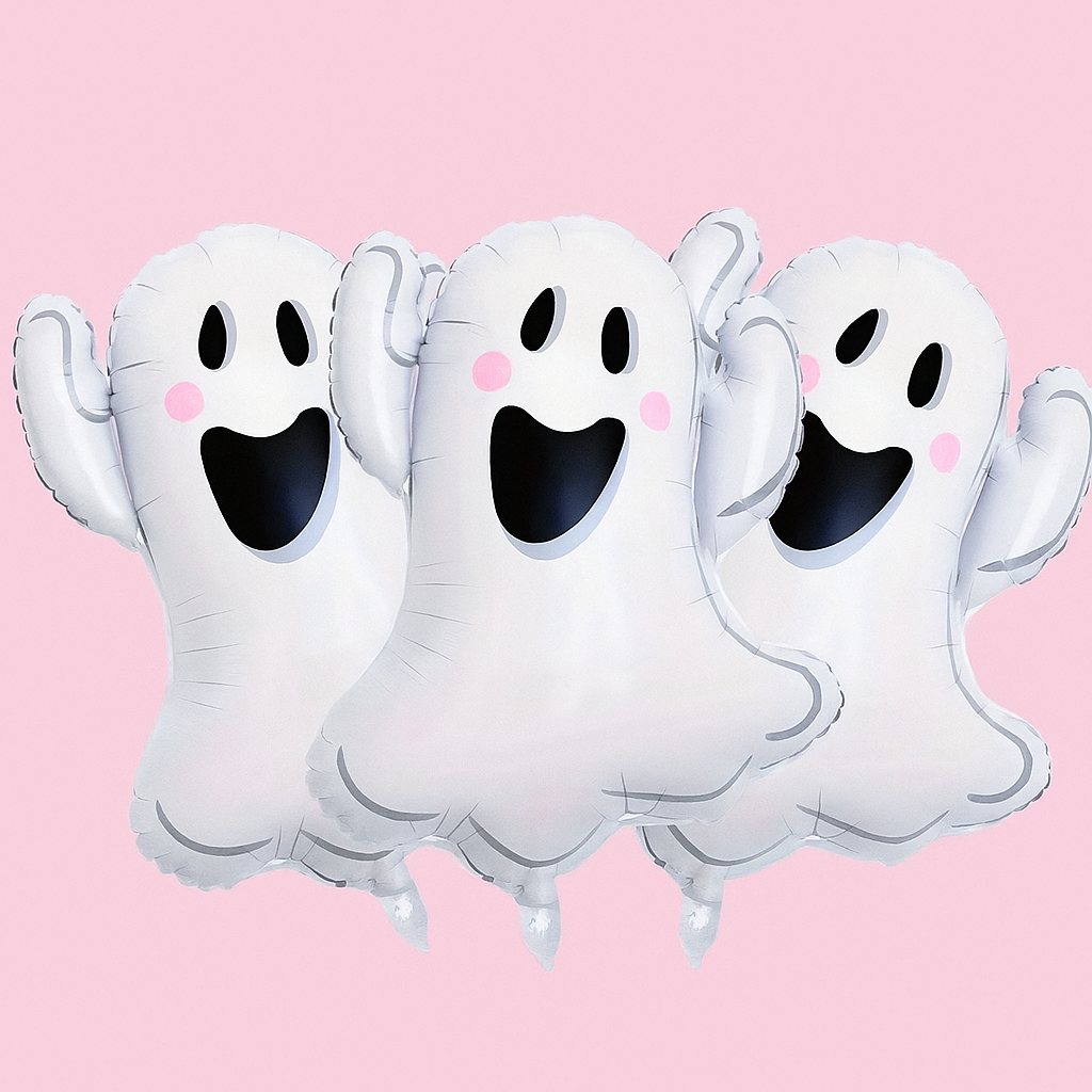 Three ghost-shaped balloons on a pink background