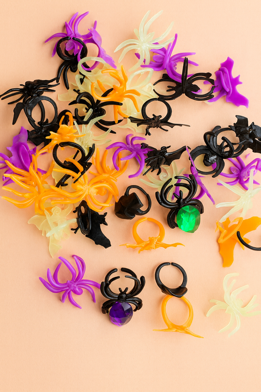 Assorted Halloween-shaped plastic rings on a beige background