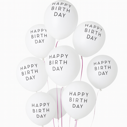 White balloons with 'Happy Birthday' text on a white background