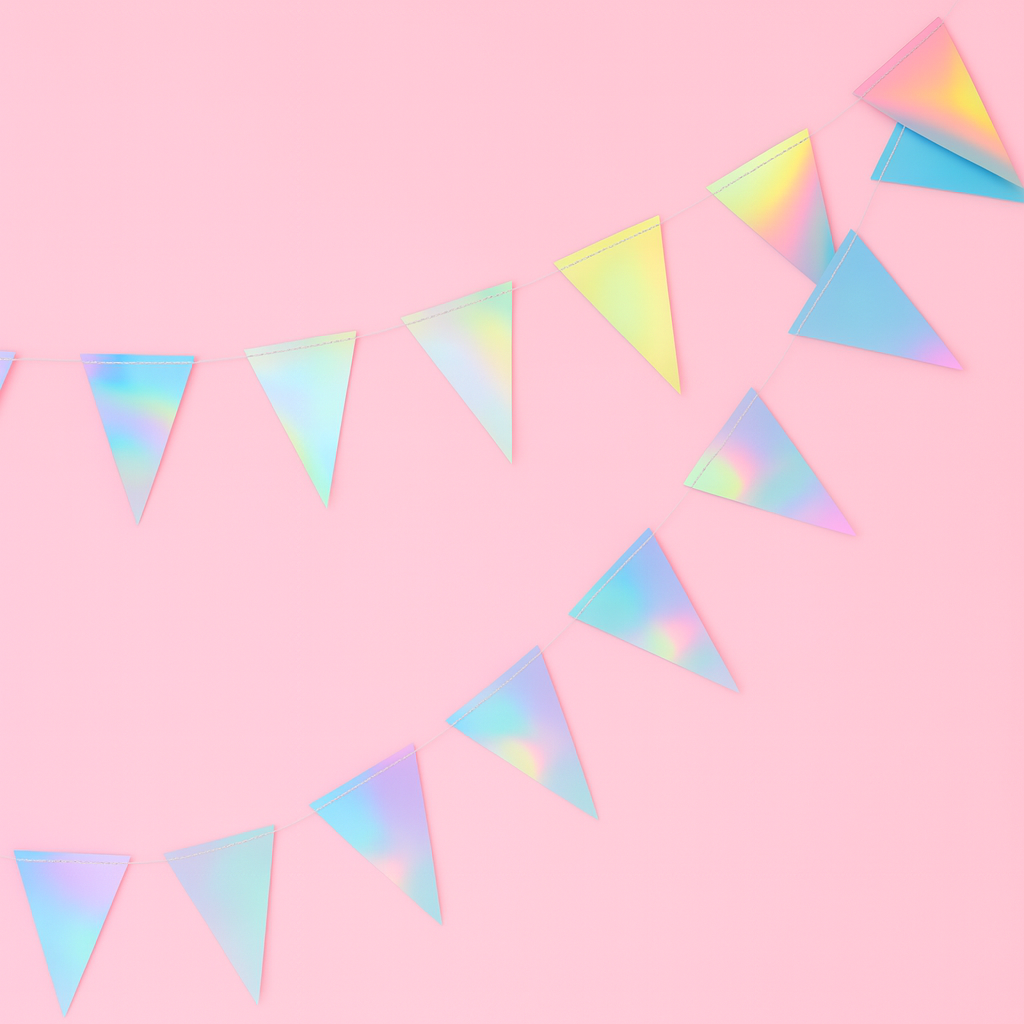 Iridescent triangle-shaped bunting on a pink background