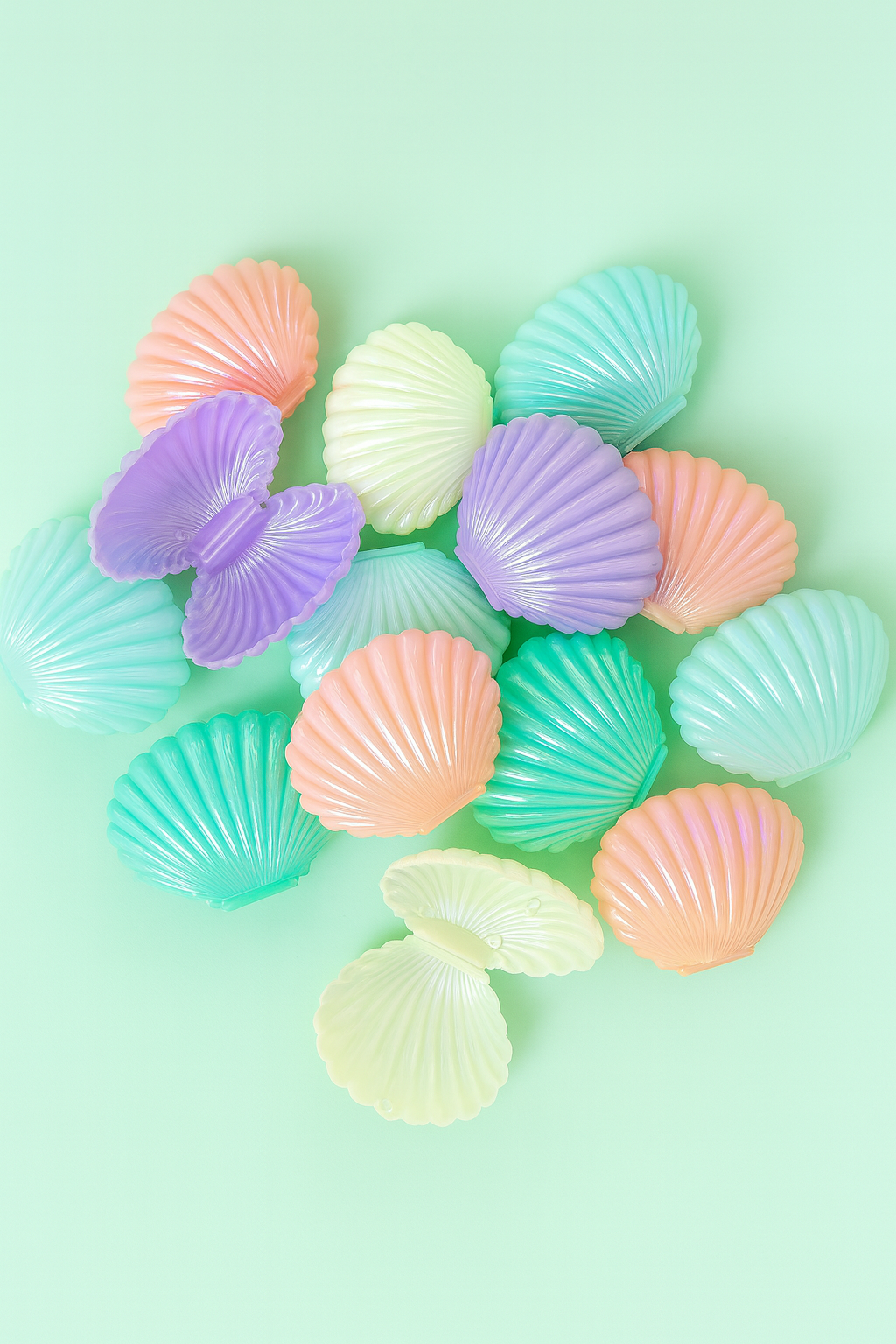 Pastel-colored seashells on a light green background