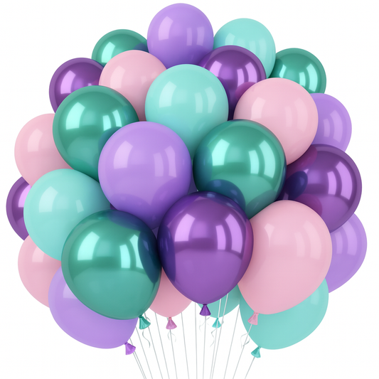 Bouquet of colorful balloons in purple, green, and pink on a white background