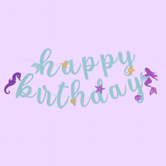 Happy Birthday text with mermaid-themed elements on a light purple background