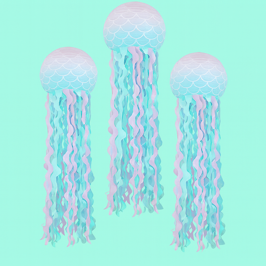 Three pastel jellyfish party decorations on a mint green background