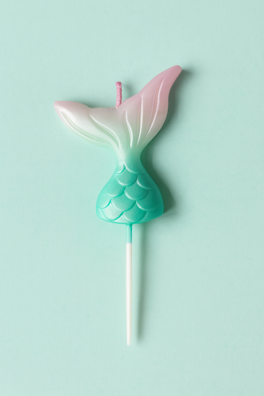 Mermaid tail candle on a stick against a light blue background