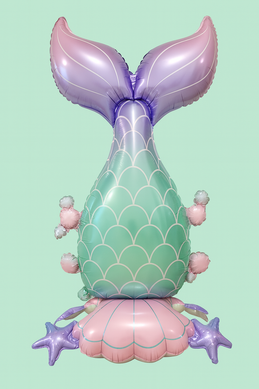 Inflatable mermaid tail balloon on a light green background