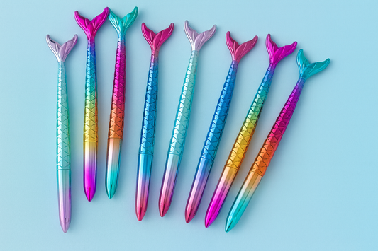 Set of colorful pens with mermaid tail designs on a light blue background