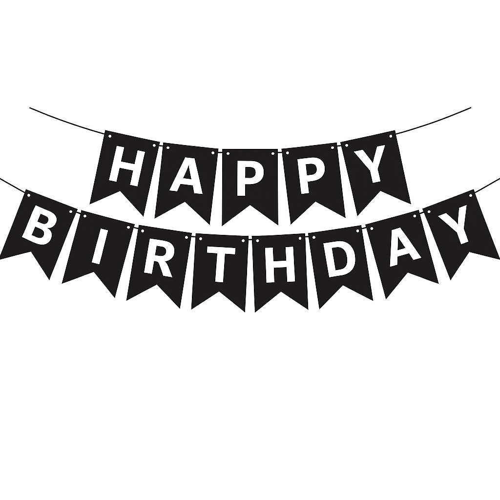 monochrome ‘Happy Birthday' banner on a white background
