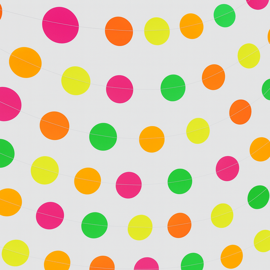 Pattern of colorful polka dot neon bunting on a white background