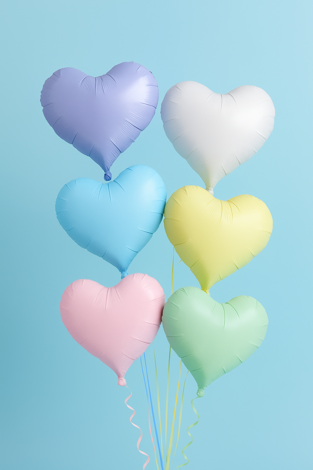 Six heart shaped pastel balloons