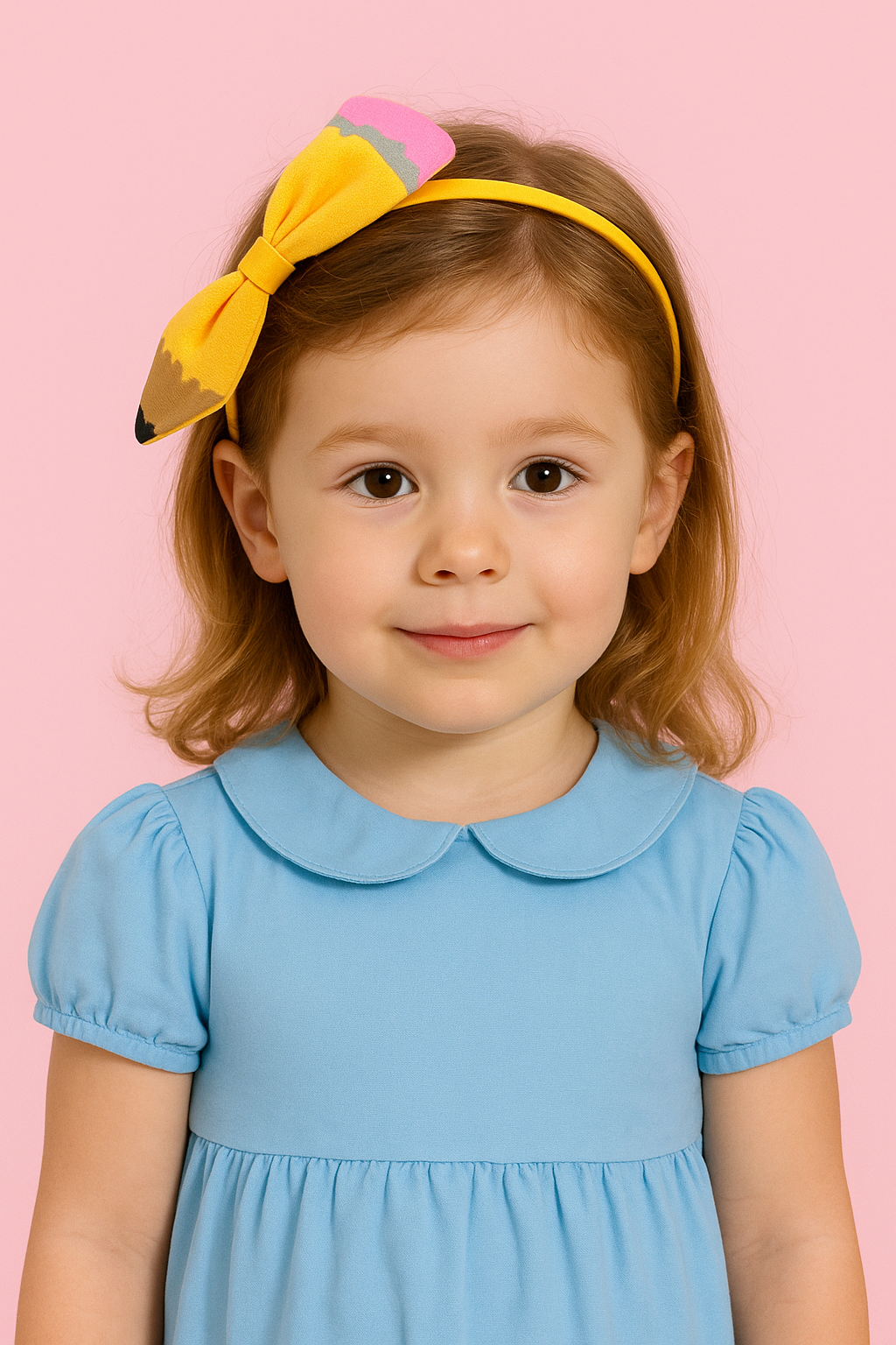 Young girl wearing a blue dress and yellow headband with a colorful bow against a pink background