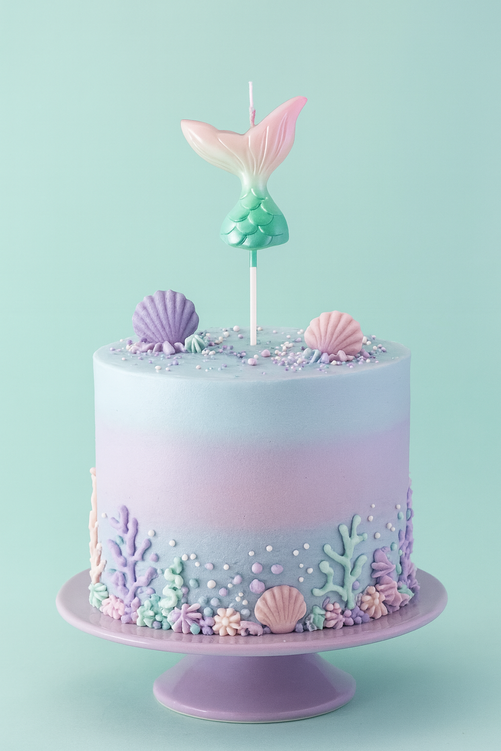 Pastel-colored cake with mermaid-themed decorations on a light green background