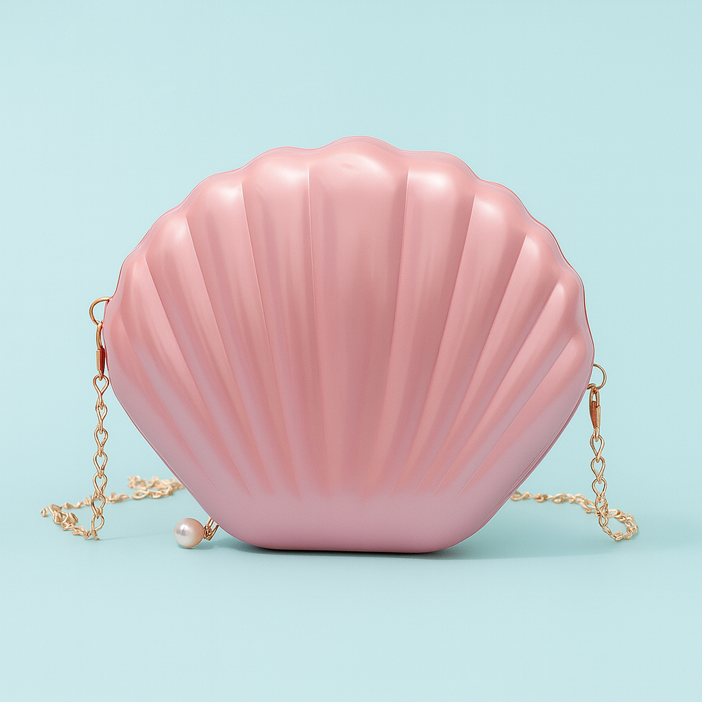 Pink shell-shaped handbag with a gold chain on a light blue background