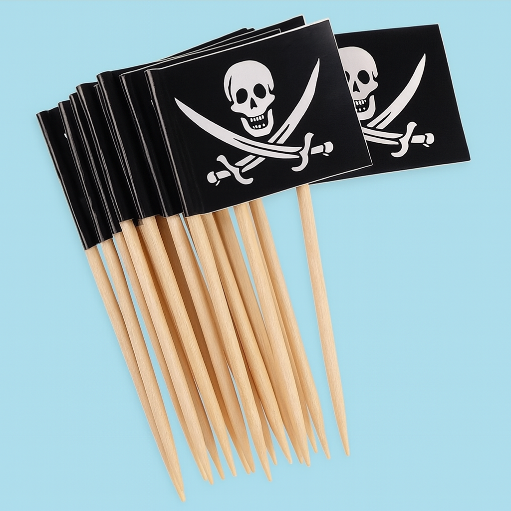 Pirate-themed black flags featuring a skull and crossbones design on a light blue background.
