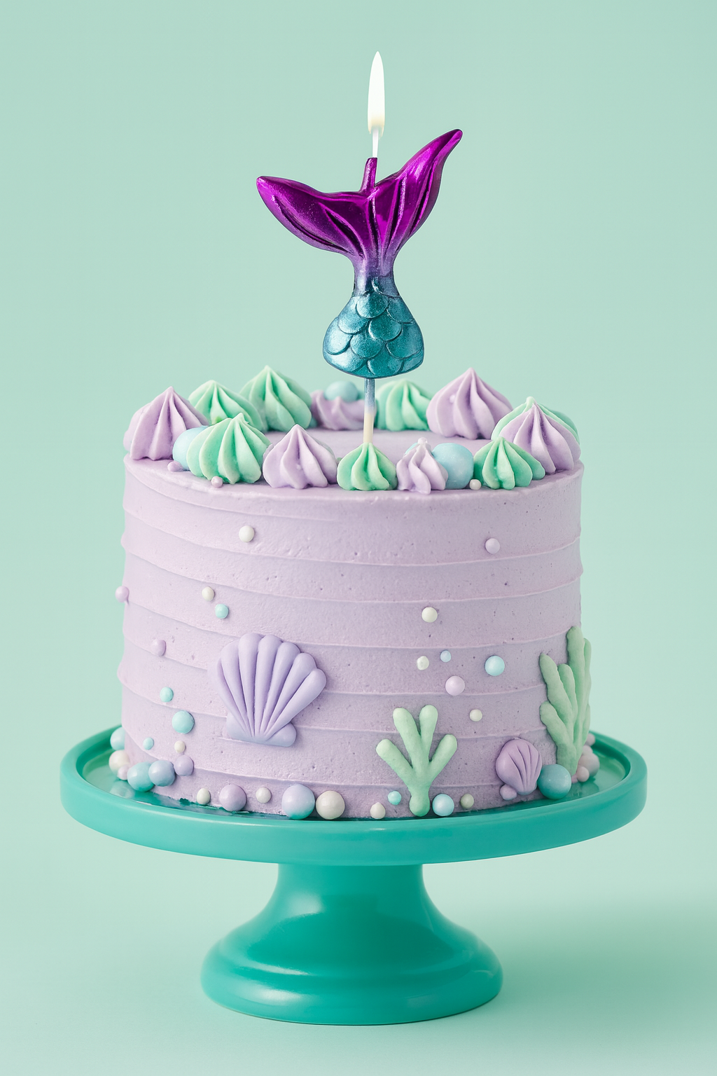 Mermaid-themed birthday cake with a purple mermaid tail candle on a light green background