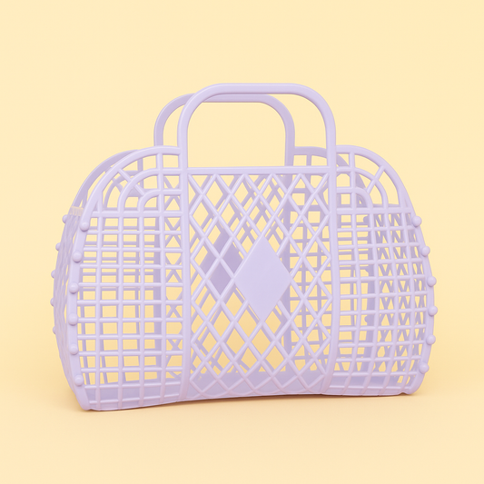 Purple woven handbag on a yellow background