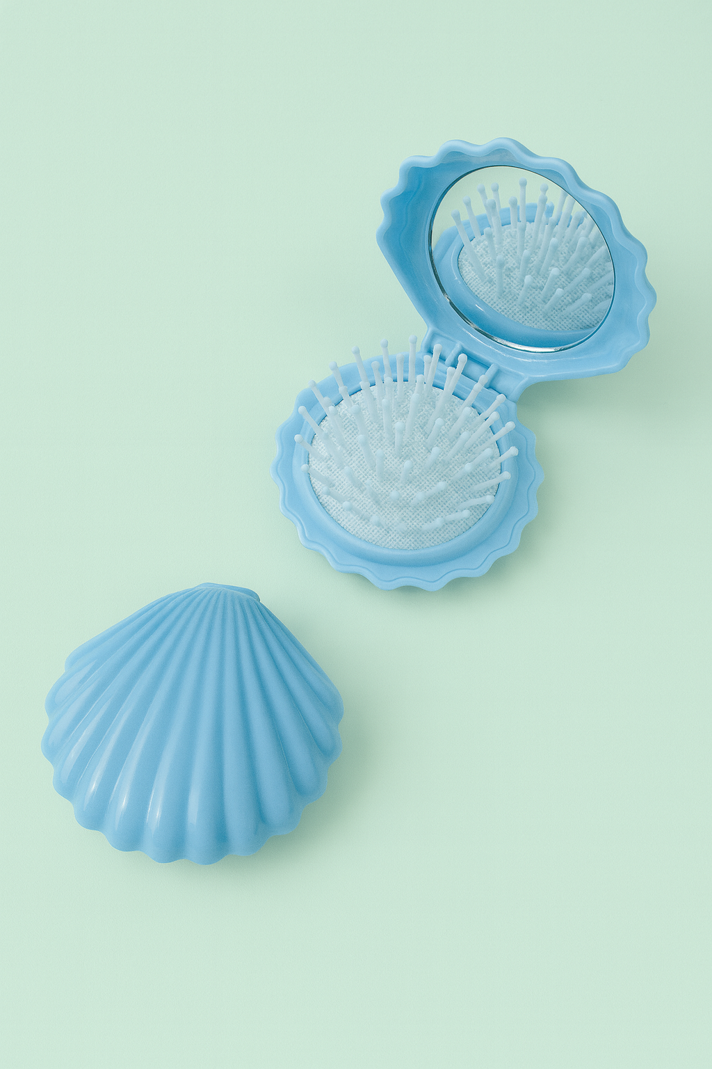 Blue shell-shaped compact mirror on a light green background