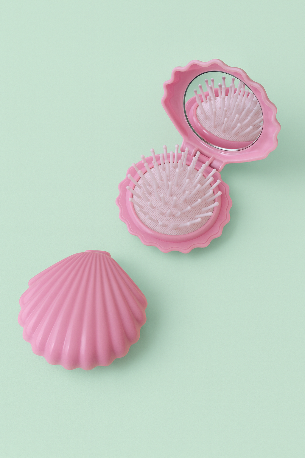 Pink shell-shaped compact mirror on a light green background