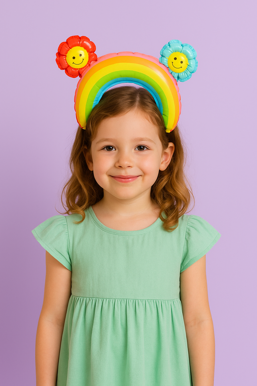 Young girl wearing a colourful rainbow balloon headband with flowers on a purple background