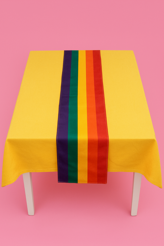 Yellow tablecloth with rainbow striped table runner on a pink background