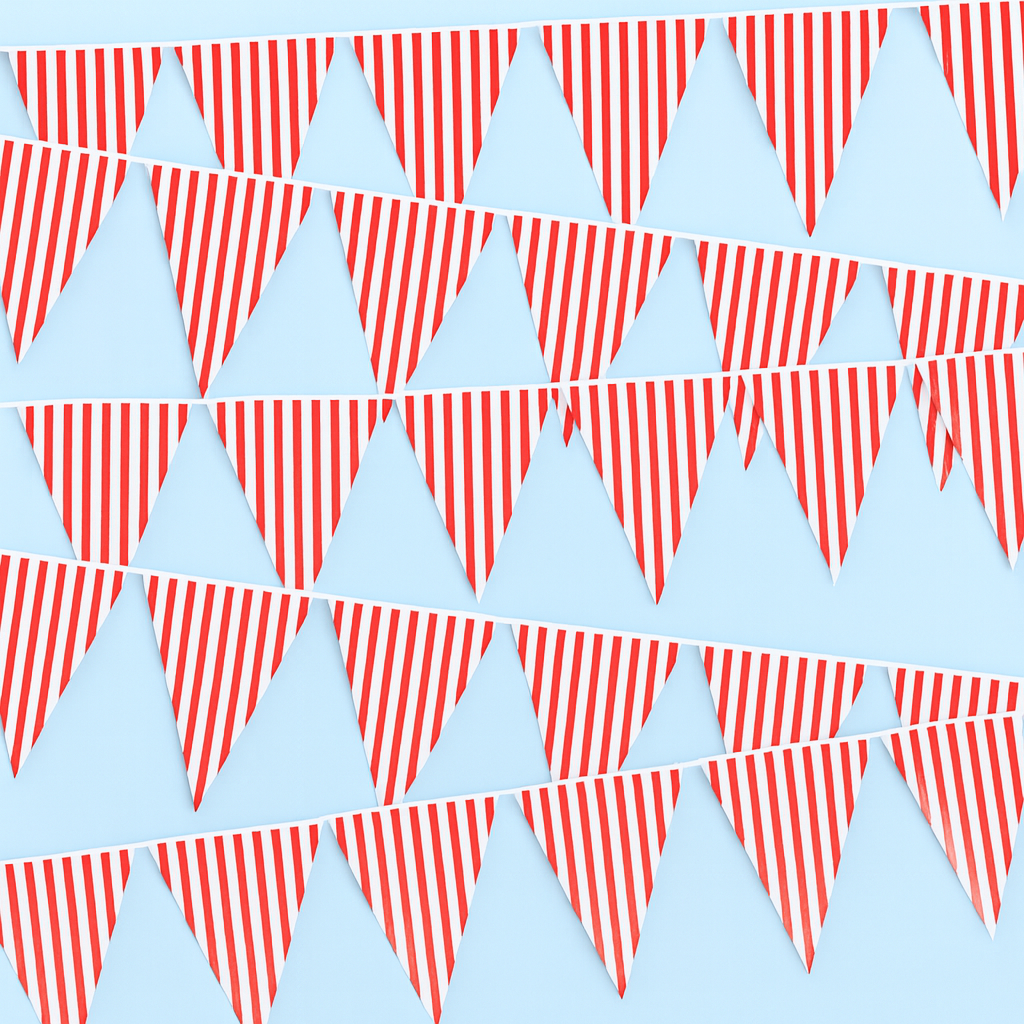 Red and white striped bunting flags on a light blue background