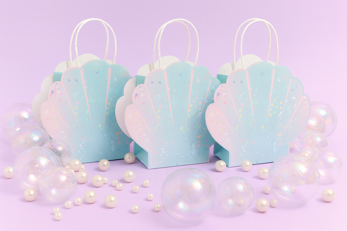 Three pastel blue gift bags shaped like seashells on a purple background with pearls.