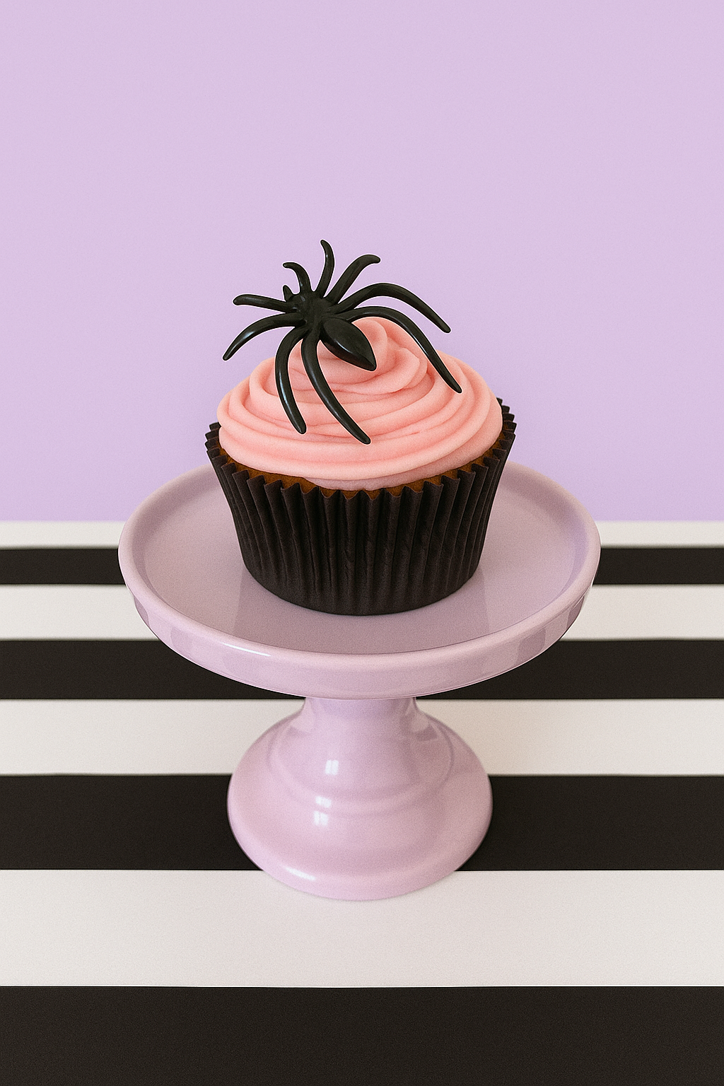 Cupcake with pink frosting and a spider on a small pink stand against a purple background