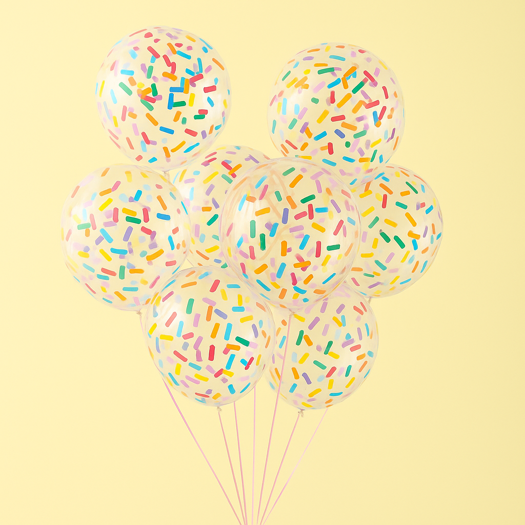 Transparent sprinkle filled party balloons