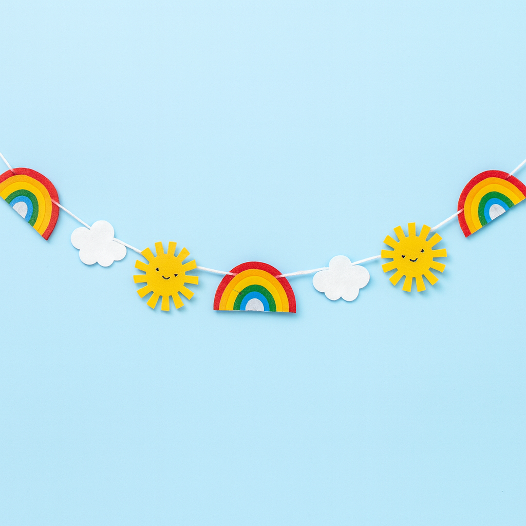 Decorative banner with rainbows, suns, and clouds on a light blue background