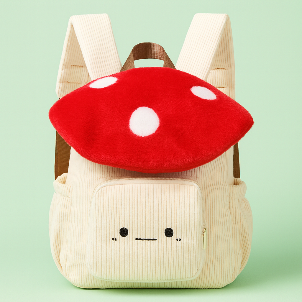 Toadstool shaped kids backpack bag with friendly face
