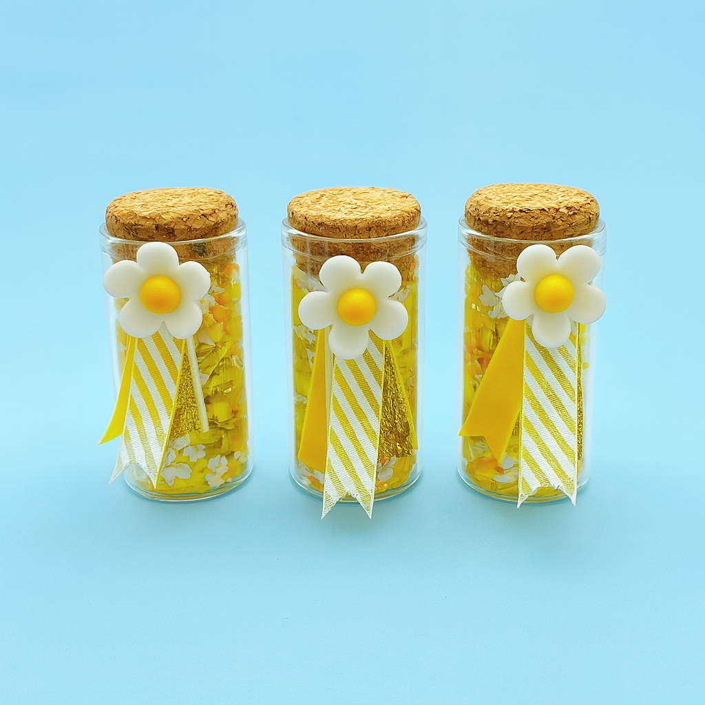 Three jars with cork lids, yellow contents, and decorative flowers on a blue background