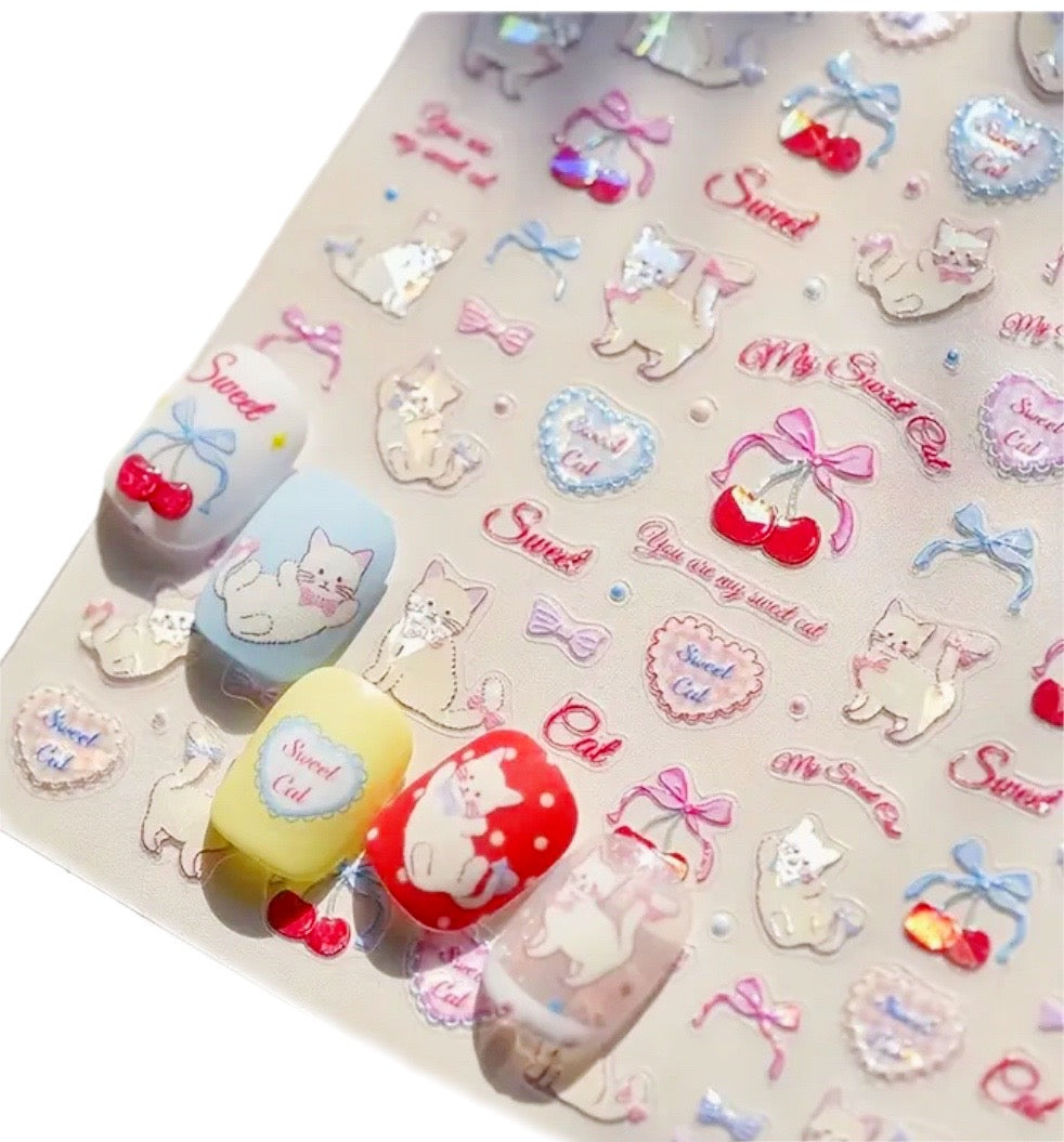 Kitten sweetheart bow nail art stickers