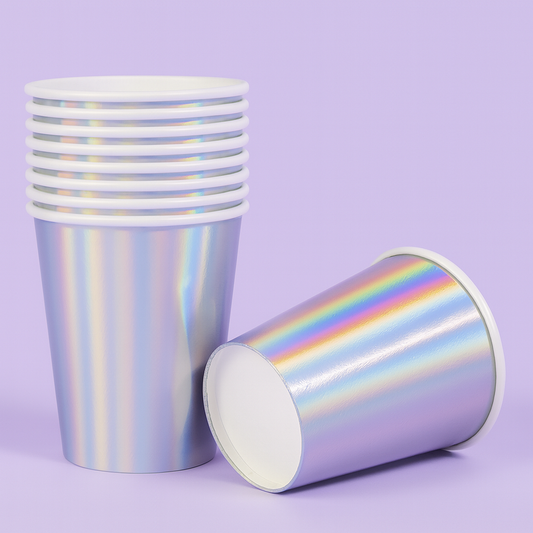 Iridescent paper cups on a purple background