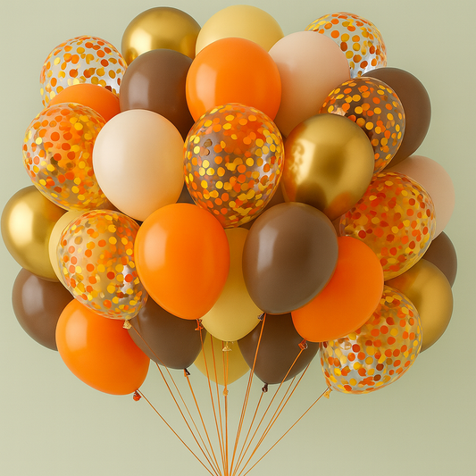 Bouquet of balloons in orange, gold, and brown with confetti patterns on a light green background.