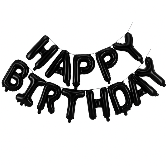 Black 'Happy Birthday' balloon banner on a white background