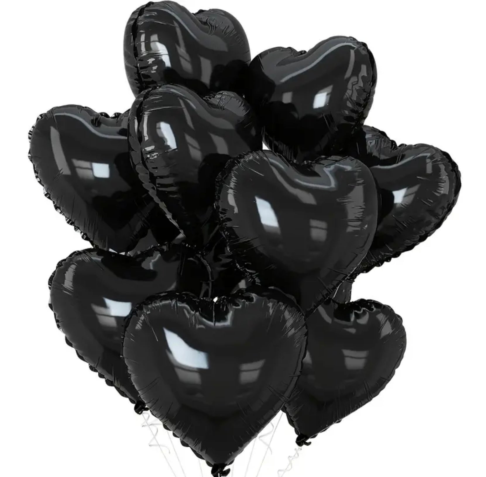 Black heart-shaped balloons on a white background
