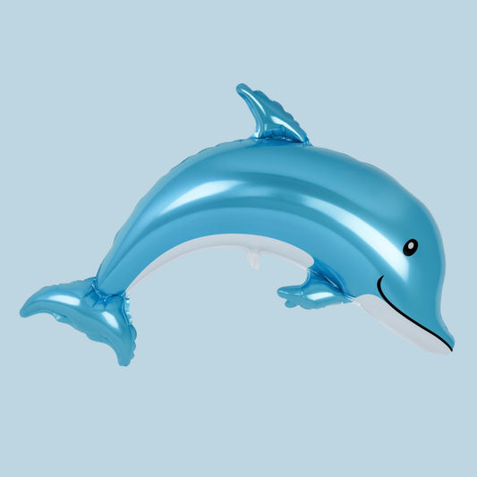 Blue foil dolphin balloon on pale blue background