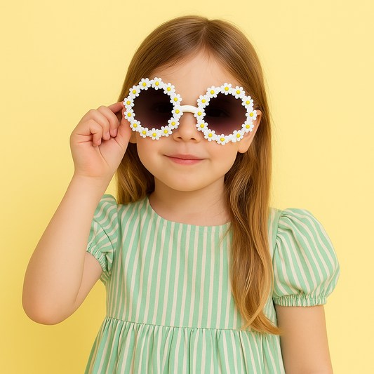 Young girl wearing a green and white striped dress with floral sunglasses on a yellow background